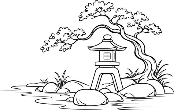 Japanese Garden Lantern by Water Line Art Vector Illustration Zen Landscape Design.