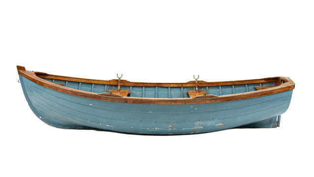 A vintage blue wooden rowboat with natural wood trim and oarlocks for rowing on calm water isolated on a transparent background