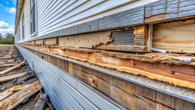 Deck ledger board incorrectly installed over wood siding has led to extensive dry rot and damage