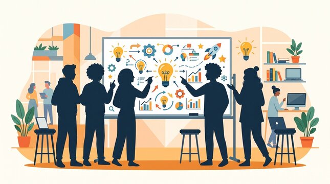 Diverse team collaborating in a modern office, brainstorming business strategies and innovation ideas on a whiteboard, flat vector style illustration of a creative workshop.