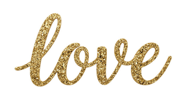 Elegant gold glitter script word love on a black background