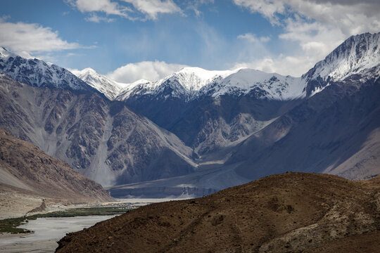 Scenic landscape of high altitude mountain pass between Nubra and Pangong Tso
