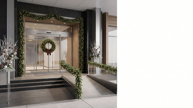 Modern accessible commercial building entrance decorated with Christmas wreath, garland, ramp, and holiday floral arrangements stock photo&mdash;featuring an automatic glass door storefront entryway with wh