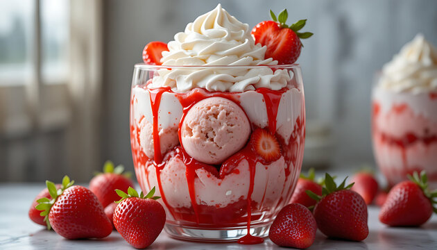 Close up view of a clear glass cup filled with scoops of strawberry ice cream layered with fresh strawberry slices topped with whipped cream and drizzled with strawberry syrup surrounded by whole stra