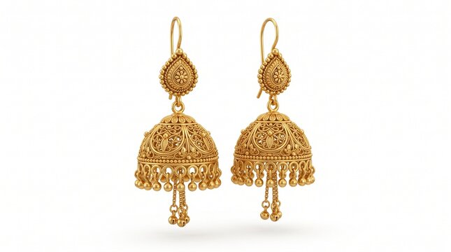Traditional gold jhumka earrings, ornate Indian bridal jewelry with filigree detail, ethnic bell shaped golden drop earrings isolated PNG with Transparent Background
