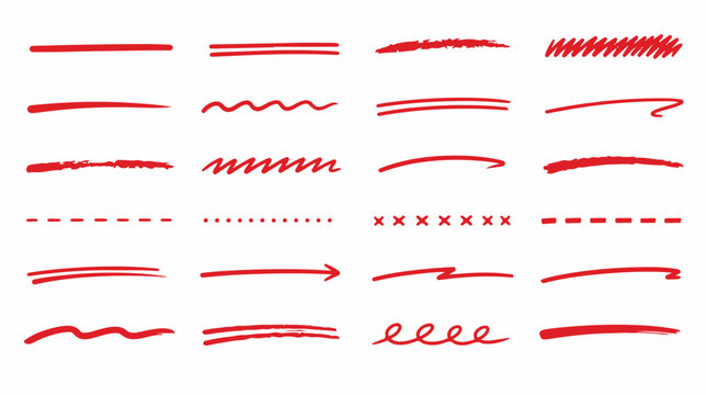 Collection of red hand drawn underline strokes dividers including wavy dashed dotted arrow and brush styles on white background