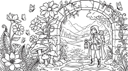 Fototapeta premium Fantasy adventurer exploring mountain landscape through enchanted stone archway, detailed coloring page illustration with flowers, mushrooms, butterflies, nature, and wilderness elements