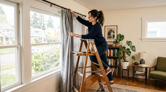 Woman hanging curtains on a ladder in a cozy living room  
