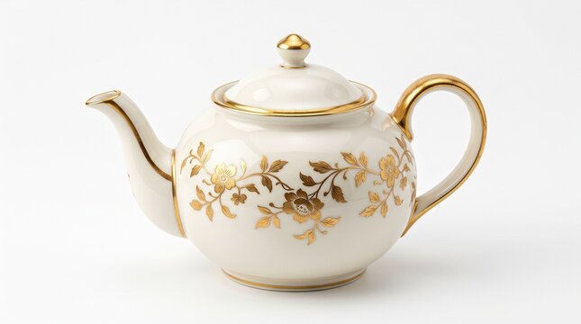 Vintage porcelain teapot with gold floral patterns, elegant ceramic tea pot for high tea service, luxury white bone china kitchenware isolated PNG with Transparent Background