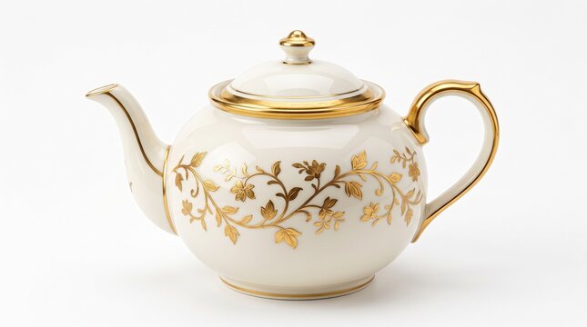 Vintage white porcelain teapot with gold floral filigree, elegant ceramic tea pot for high tea service, luxury bone china kitchenware isolated PNG with Transparent Background