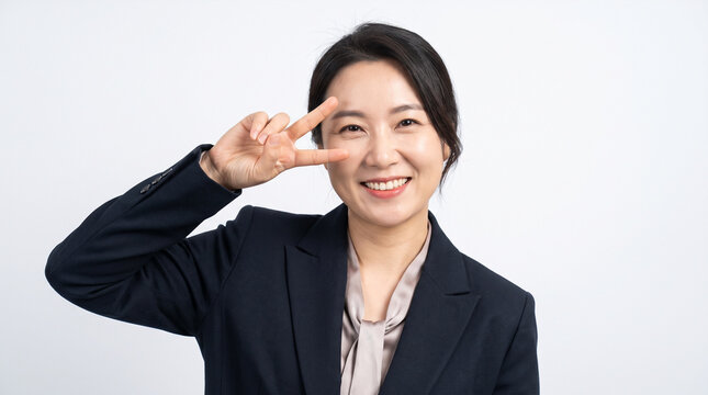 Photo: an employee making a peace sign, white background, formal attire, 