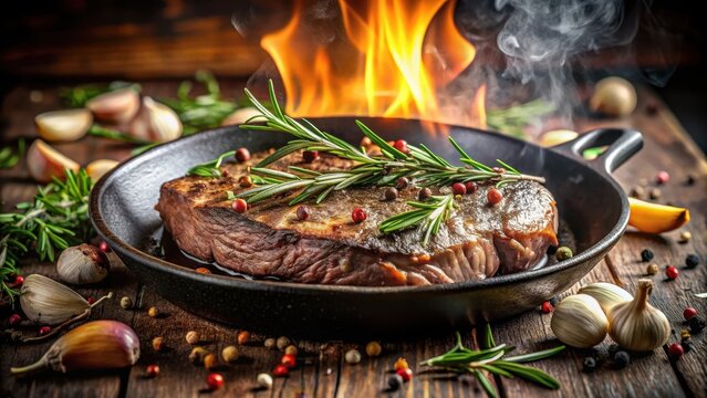 Sizzling steak rosemary garlic cast iron skillet protein herb