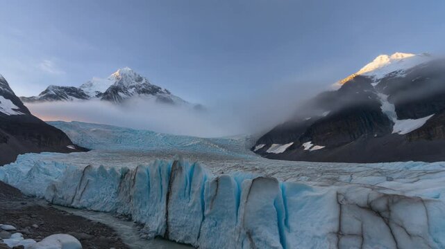Khumbu icefall everest mountain peak with golden sunset clouds