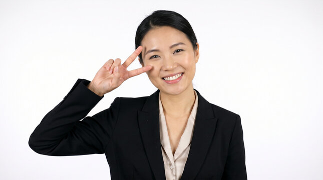 Photo: an employee making a peace sign, white background, formal attire, 