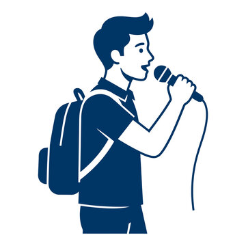 Young man with backpack singing into microphone confidently in front of audience
