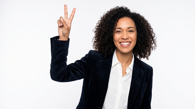 Photo: an employee making a peace sign, white background, formal attire, 