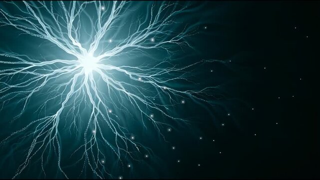 A core glows and sends out bright pathways of light in a dark environment. The light forms branches that move and shift.
