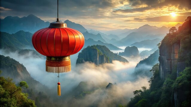Red chinese lantern hanging against misty mountain watercolor background