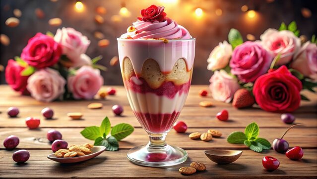Rose falooda milkshake creamy milk syrup ice cream jelly almonds
