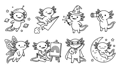 Fototapeta premium Cute Axolotl Imagination Activities Fantasy Doodle Sticker Black Outline Vector Set
