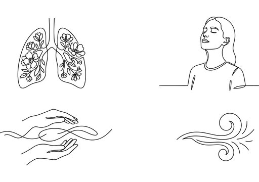 Set of continuous line art deep breathing and lung wellness vector icons