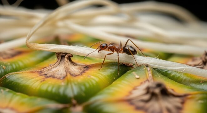 Detailed macro photograph of a single ant exploring the surface of a pineapple with shallow depth of field