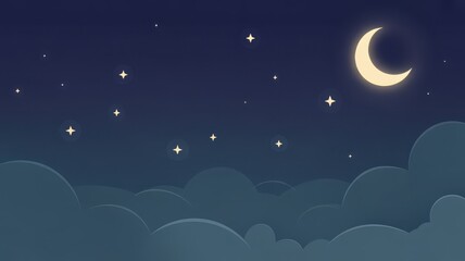 Obraz premium Crescent moon and stars above dark blue clouds night sky