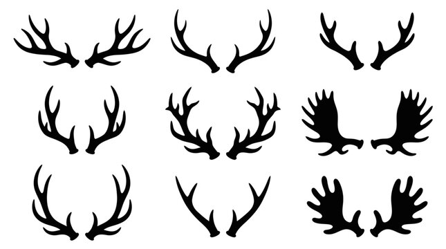 Set of Nine Black Antler Silhouettes for Deer, Elk, and Moose