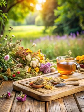 Wooden board with dried herbs in tea background