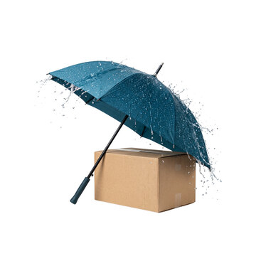 Blue Umbrella Protecting Cardboard Package from Heavy Water Splash Isolated for Waterproof Delivery, Shipping Protection and Safe Parcel Concept