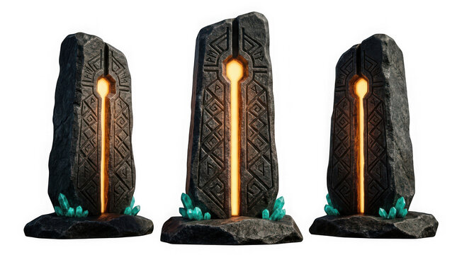 Three ancient stone monoliths with glowing runes and crystals isolated on transparent background