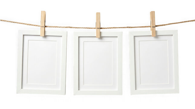 Three empty white picture frames hanging on a rope with wooden clothespins isolated on transparent background