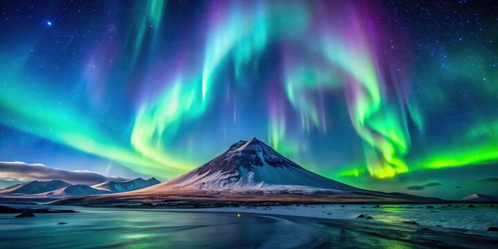 Dark blue sky with vibrant green and purple hues of Aurora Borealis dancing above a dormant volcano, illuminated by soft moonlight, earth sciences, natural wonder
