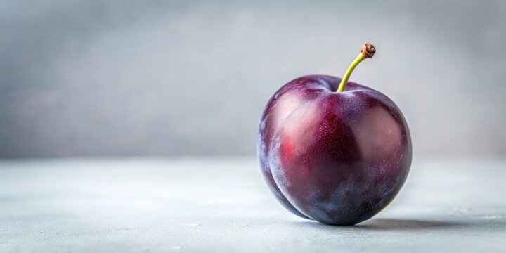 A single, perfectly ripe dark purple plum rests on a clean, minimalist background , premium, dark fruit