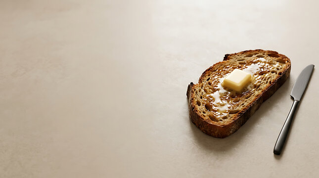 A single slice of toasted multi-grain bread with melting butter and a knife on a light beige surface, viewed from above.