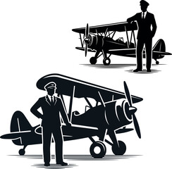 Vintage biplane aircraft and pilot silhouette vector illustration set © MdHamid