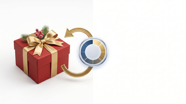 3D holiday gift return and exchange progress concept with red present box, circular golden reload arrow, and dashboard gauge dial stock photo&mdash;featuring an elegant red Christmas gift box tied with a go