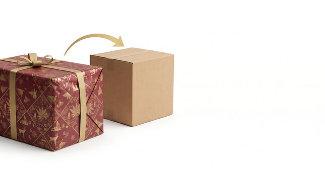 3D holiday gift return and parcel exchange concept with wrapped present, cardboard box, and curved gold arrow stock photo&mdash;featuring an elegant red and gold patterned Christmas gift box tied with a gol