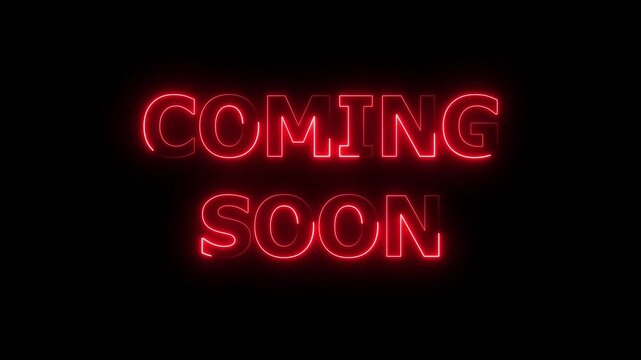 Neon COMING SOON text icon animation glowing red color business poster template signboard alphabet font letter word banner sign seamless light effect footage on black background.4k video