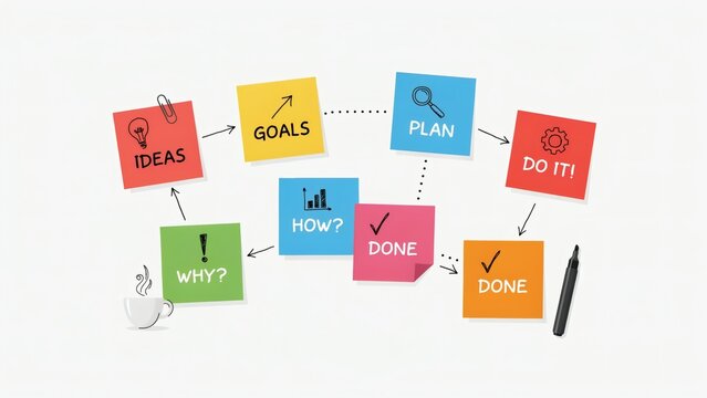 Business process flow diagram featuring colorful sticky notes with handwritten text with workflow diagram displays completion using colorful