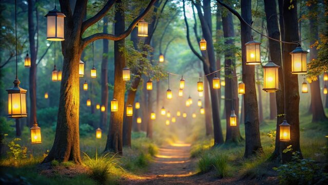 Forest at dusk with lanterns gently floating above trees