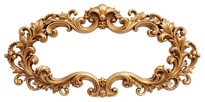 Ornate gilded frame with delicate curves and intricate patterns in rococo style, resembling a decorative element of an antique piece of furniture , antique furniture, vintage design