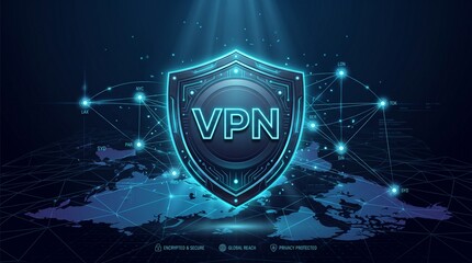 Fototapeta premium Shielded Global Network: A digital shield with 'VPN' inscribed boldly protects a glowing network of interconnected nodes spread across a stylized world map.
