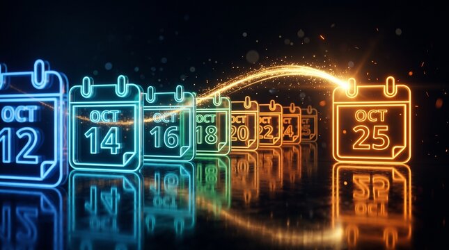 Calendar Progression: A luminous, neon-lit series of calendars displays sequential dates from October 12th to October 25th, with a radiant golden streak connecting the final date.