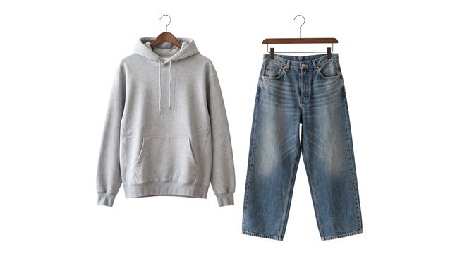 Minimalist grey hoodie and blue denim jeans on hangers. Casual streetwear apparel set. Blank cotton sweatshirt and faded denim pants.