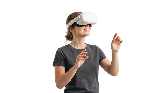 Virtual reality headset worn by young woman, immersive VR technology experience, digital gaming and metaverse simulation on white background