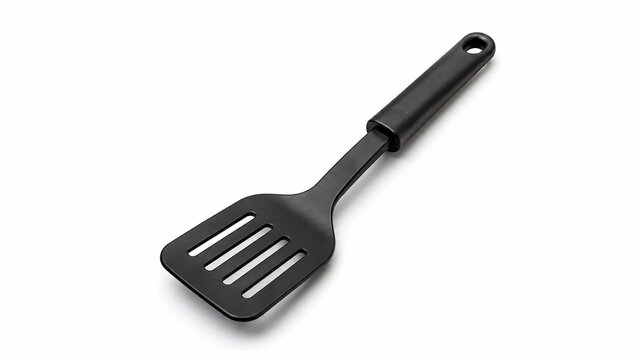 Black plastic slotted spatula turner isolated on white background