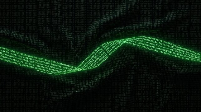 Glowing green binary code stream and digital data ribbon flowing across dark wavy matrix surface background