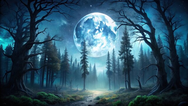 Dense dark forest under a full moon with tall trees and twisted branches , nighttime, wilderness,  nighttime, wilderness
