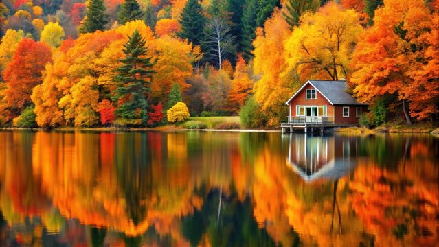 A charming lakeside cottage with vibrant autumn foliage on the trees surrounding it in warm tones of orange and yellow, reflecting off the calm lake waters, cottage, woodsy